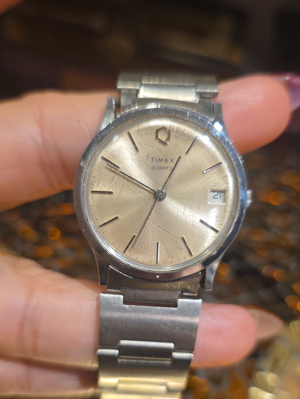 Timex Men's Silver Stainless Steel Watch with Champagne Dial and Date